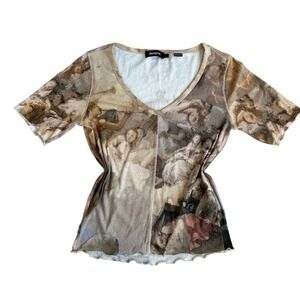 Desigual Renaissance Cherub Angel Print V-Neck Top Lettuce Edge Tan Brown Large